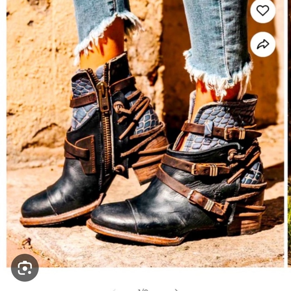 freebird Black Leather Ankle Boots with Brown Strap Accents